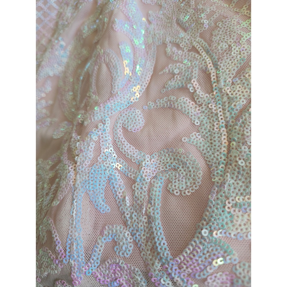 Blondie Nites Pink Iridescent Sequin Feather Cuff Mini Dress 3 Womens Juniors - Picture 10 of 12